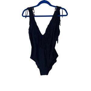 Bill Blass Vintage Womens Swimsuit Size 14 Black One Piece Fringe Plunging